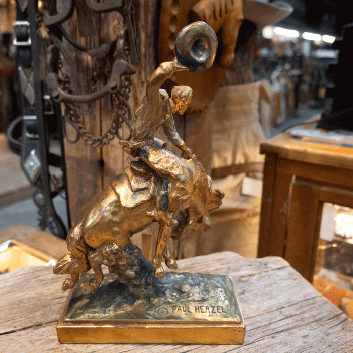 Vintage Paul Herzel Brass Painted Bronc Riding Sculpture