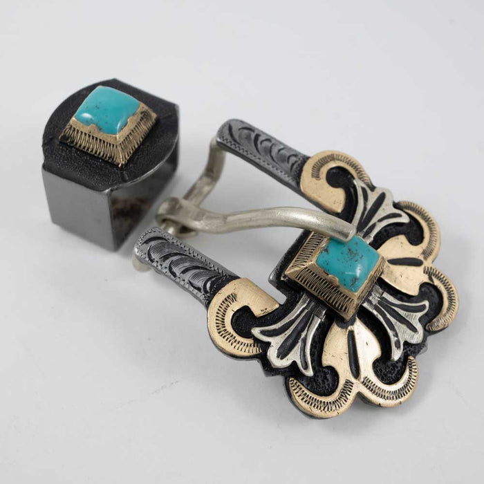 Silver And Gold Cross Buckle With Turquoise Stone And Keeper Tack - Conchos & Hardware MISC