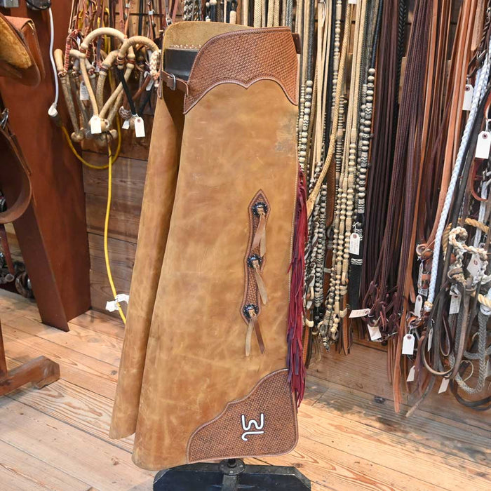 Tooled "JW" Batwing Chaps w/Red Fringe Tack - Chaps & Chinks MISC