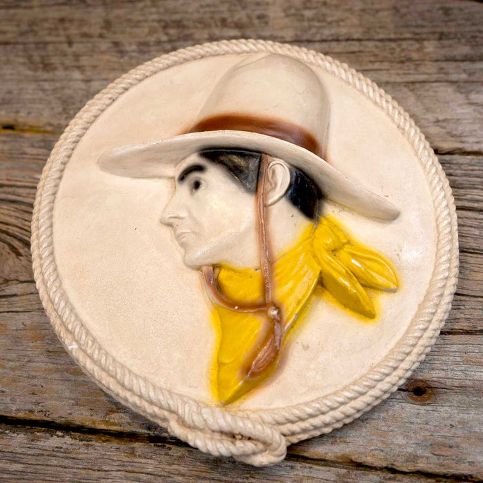 Vintage Chalkware Signed Cowboy Wall Hanger