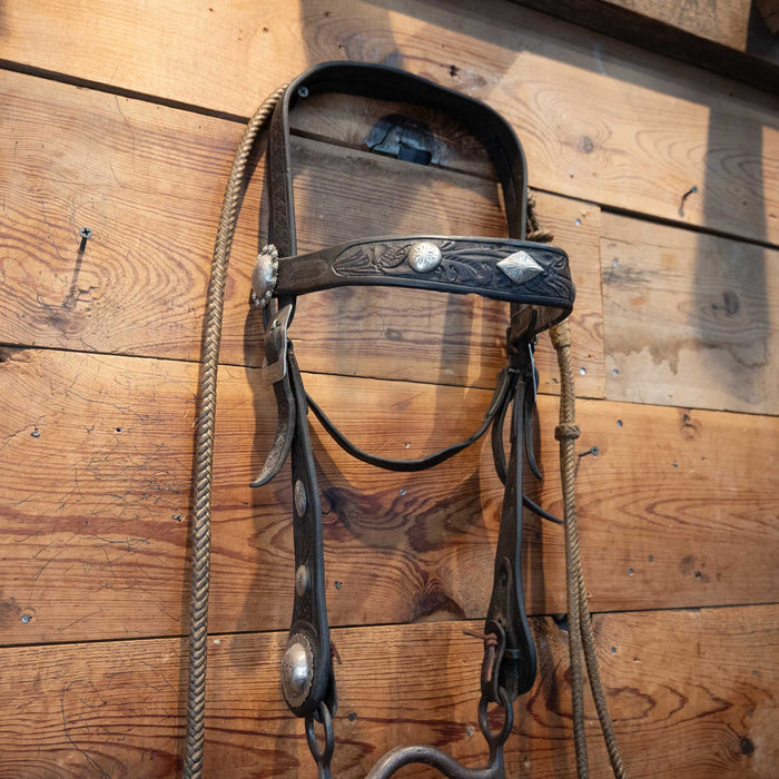 Vintage Tooled Bridle w/ Nickel plated accents & Romel Reins