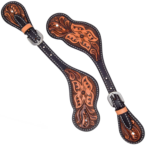 Weaver Mens Turquoise Cross Floral Tooled Spur Straps Tack - Spur Straps Weaver
