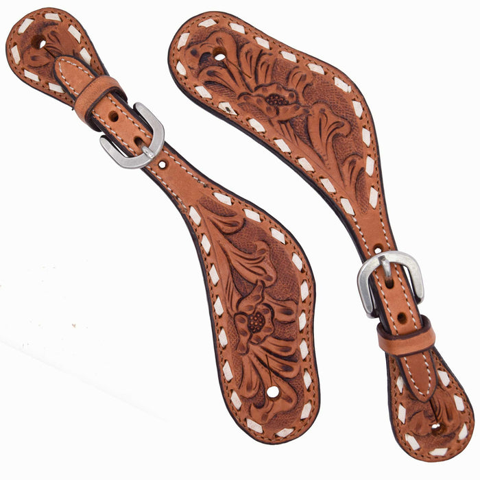 Teskey's Floral Tooled Spur Strap w/Rawhide Buckstitch Tack - Spur Straps Teskey's