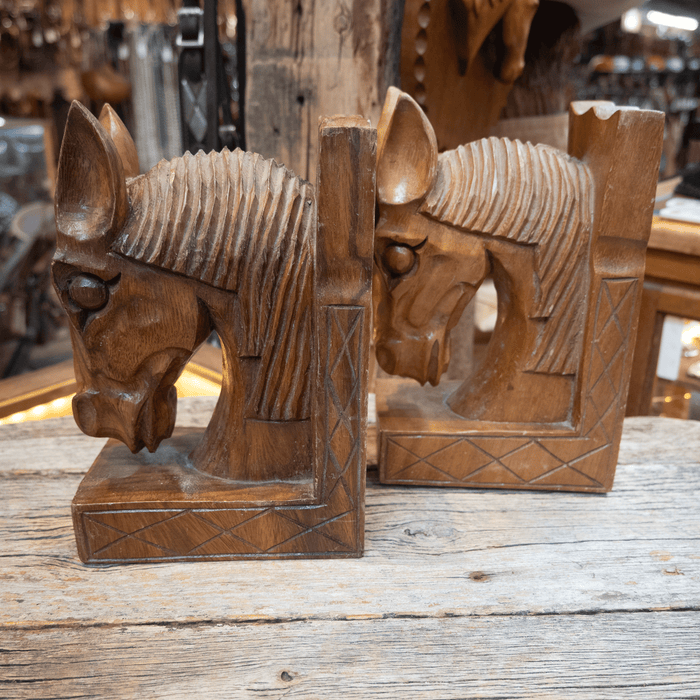 Mid Century Carved Wooden Horse Head Bookends