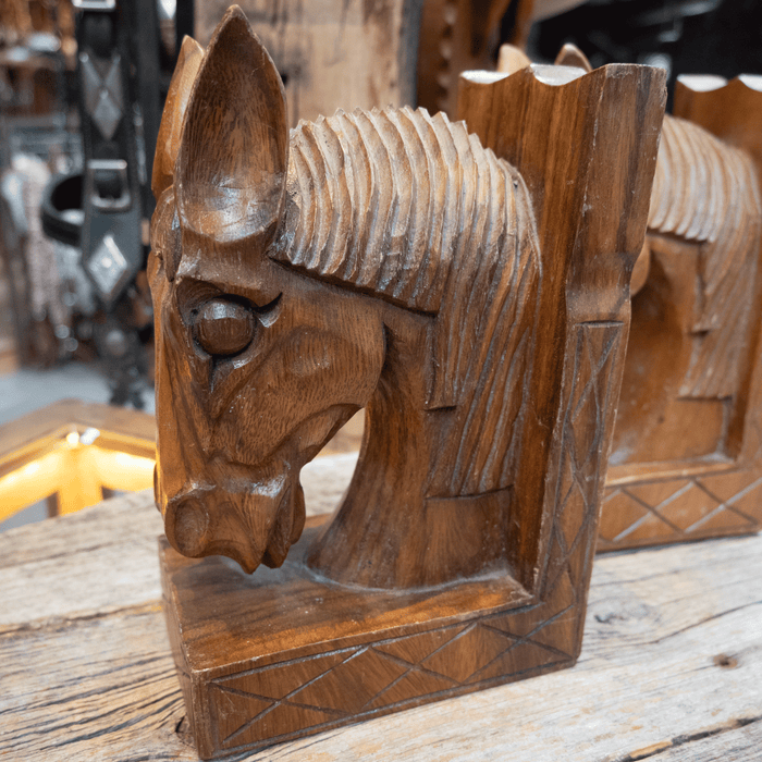 Mid Century Carved Wooden Horse Head Bookends