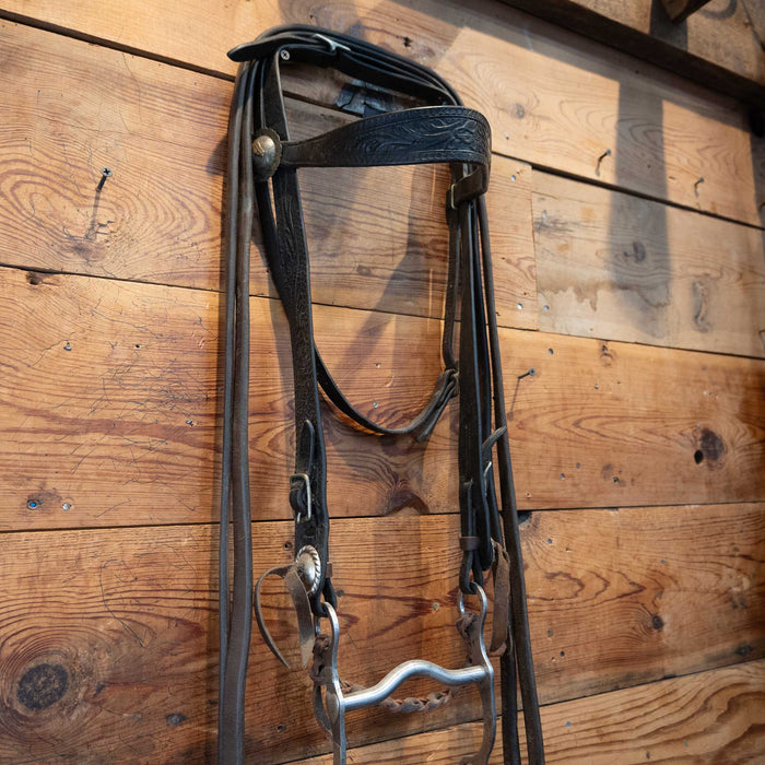 Vintage 1920s Tooled Headstall with Silver & Gold Conchos & a Candys Crockett Bit Collectibles Crockett