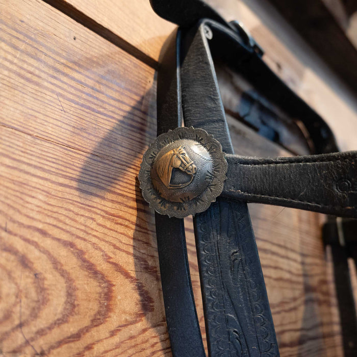 Vintage 1920s Tooled Headstall with Silver & Gold Conchos & a Candys Crockett Bit Collectibles Crockett