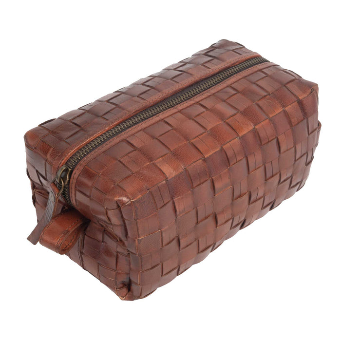 Woven Leather Dopp Kit - Chestnut ACCESSORIES - Luggage & Travel - Shave Kits Two's Company
