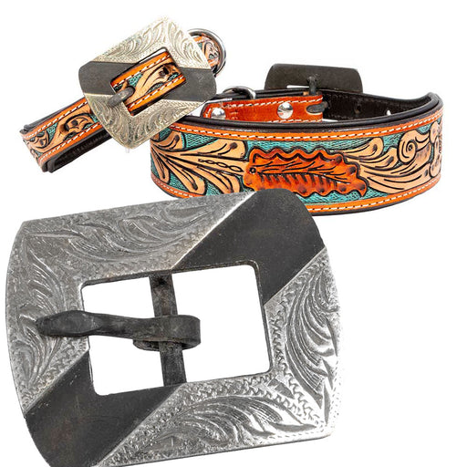 Teskey's Turquoise Floral Tooled Dog Collar with Silver Embellished Rectangle Buckle Pets - Accessories Teskey's