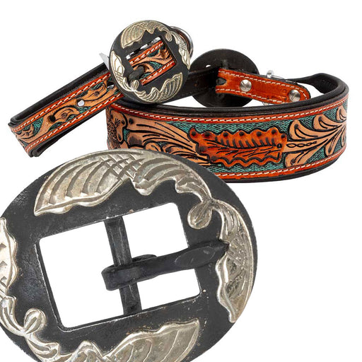 Teskey's Turquoise Floral Tooled Dog Collar with Oval Swirl Buckle Pets - Accessories Teskey's
