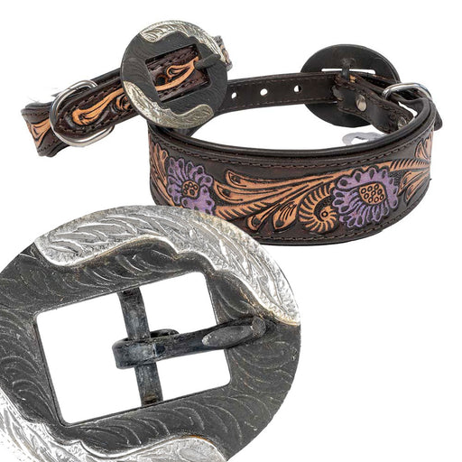 Teskey's Metallic Purple Floral Tooled Dog Collar with Oval Feather Buckle Pets - Accessories Teskey's
