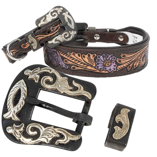 Teskey's Metallic Purple Floral Tooled Dog Collar with Two-Piece Icthys Buckle Pets - Accessories Teskey's
