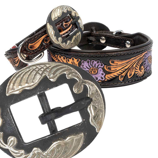 Teskey's Metallic Purple Floral Tooled Dog Collar with Oval Swirl Buckle Pets - Accessories Teskey's
