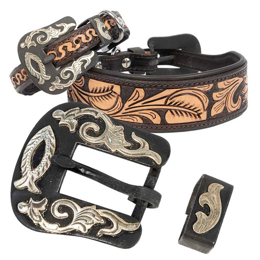 Teskey's Floral Tooled Dog Collar with Two Piece Icthys Buckle Pets - Accessories Teskey's
