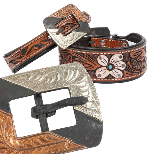 Teskey's Colored Floral Tooled Dog Collar with Two Tone Rectangle Buckle Pets - Accessories Teskey's