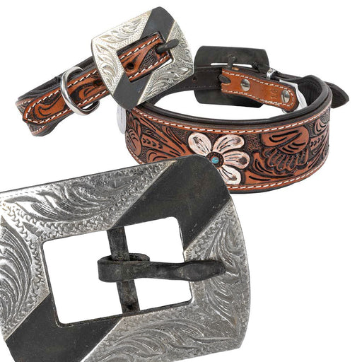 Teskey's Colored Floral Tooled Dog Collar with Silver Embellished Rectangle Buckle Pets - Accessories Teskey's
