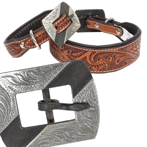 Teskey's Basketweave Tooled Dog Collar with Silver Embellished Rectangle Buckle Pets - Accessories Teskey's