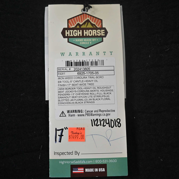 17" HIGH HORSE IRON WEED CORDURA TRAIL SADDLE Saddles - New High Horse