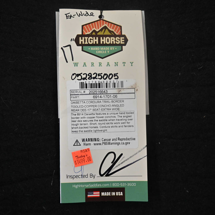 17" HIGH HORSE DAISETTA CORDURA TRAIL SADDLE Saddles - New High Horse