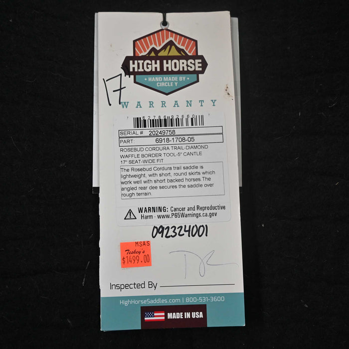 17" HIGH HORSE ROSEBUD CORDURA TRAIL SADDLE Saddles - New High Horse