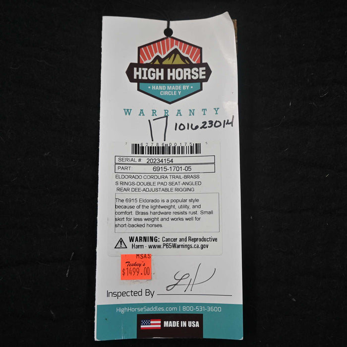 17" HIGH HORSE EL DORADO CORDURA TRAIL SADDLE Saddles - New High Horse