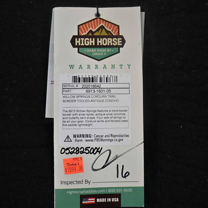 16" HIGH HORSE WILLOW SPRINGS CORDURA TRAIL SADDLE Saddles - New High Horse