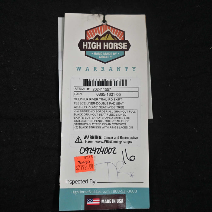 16" HIGH HORSE SULFUR RIVER TRAIL SADDLE Saddles - New High Horse