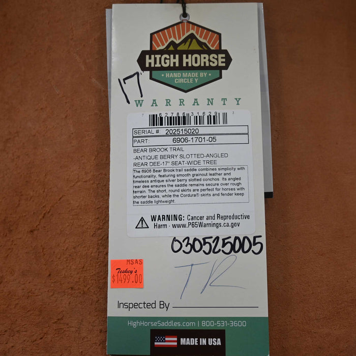 17" HIGH HORSE BEAR BROOK TRAIL SADDLE Saddles - New High Horse