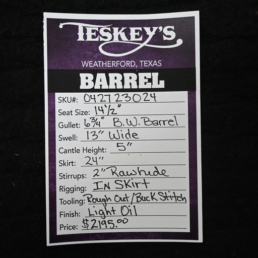 14.5" TESKEY'S BARREL SADDLE Saddles - New Teskey's Saddlery