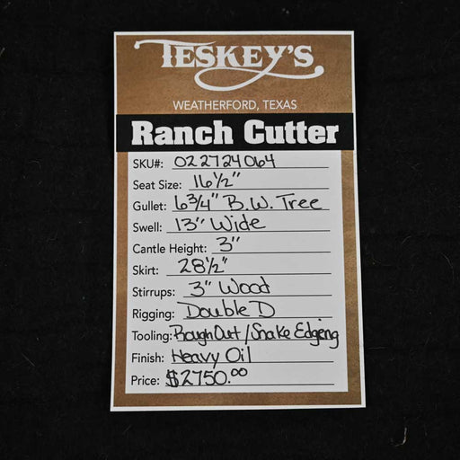 16.5" TESKEY'S PRO CUTTER RANCH CUTTER SADDLE Saddles - New Teskey's Saddlery