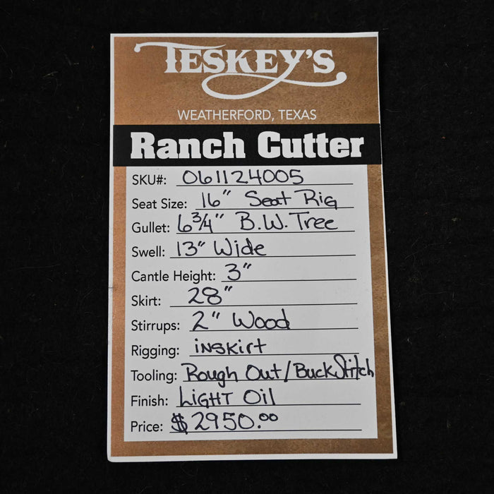 16" TESKEY'S RANCH CUTTER SADDLE Saddles - New Teskey's Saddlery