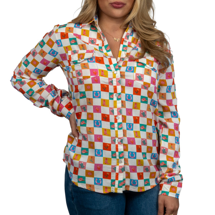Roper Women's Pearl Snap Checker Print Western Blouse WOMEN - Clothing - Tops - Long Sleeved Roper Apparel & Footwear