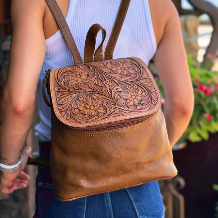 Scout Leather Co. Daisy Tooled Zipper Top Backpack - Tan ACCESSORIES - Luggage & Travel - Backpacks & Belt Bags Scout Leather Goods