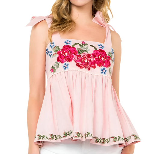 * Tie Strap Flower Embroidered Top - FINAL SALE WOMEN - Clothing - Tops - Short Sleeved THML Clothing