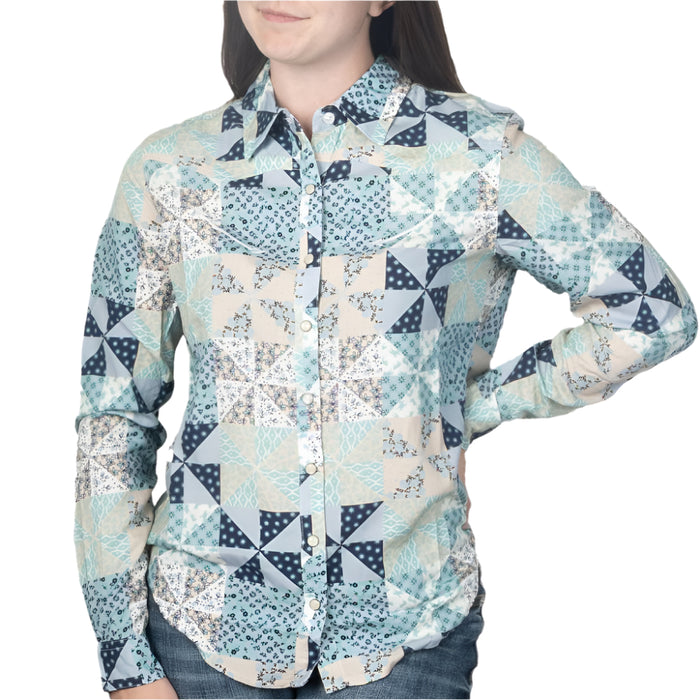 Cruel Denim Women's Patchwork Print Pearl Snap Shirt WOMEN - Clothing - Tops - Long Sleeved Cruel Denim