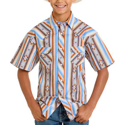 Rock & Roll Denim Boy's Pearl Snap Stripe Aztec Shirt KIDS - Boys - Clothing - Shirts - Short Sleeve Shirts Panhandle