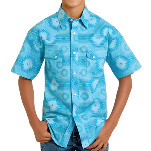 Rock & Roll Boy's Pearl Snap Aztec Print Shirt Turquoise Print KIDS - Boys - Clothing - Shirts - Short Sleeve Shirts Panhandle