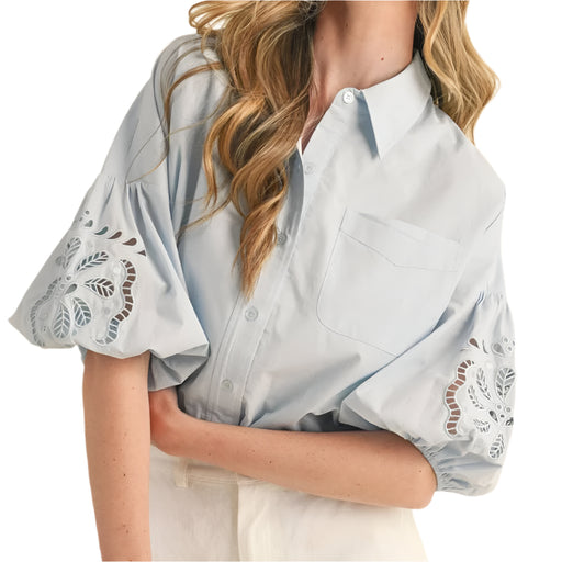 Embroidered Cut Out Bubble Sleeve Top - Sky Blue WOMEN - Clothing - Tops - Long Sleeved En Merci