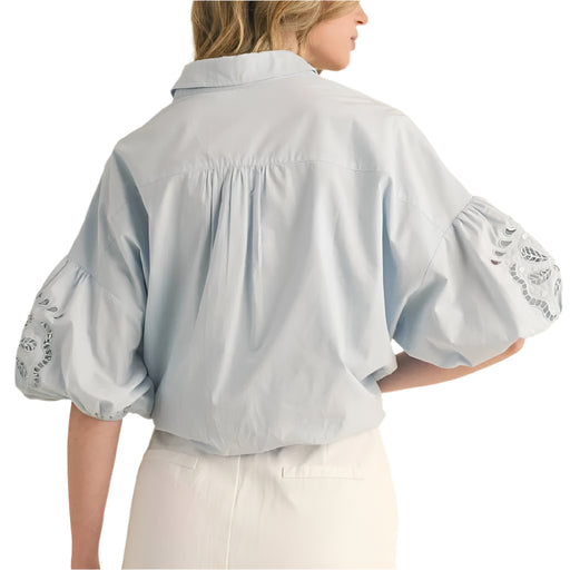 Embroidered Cut Out Bubble Sleeve Top - Sky Blue WOMEN - Clothing - Tops - Long Sleeved En Merci