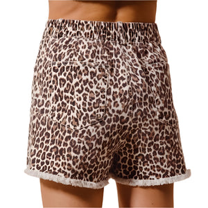 Washed Leopard Twill Shorts with Frayed Hem WOMEN - Clothing - Shorts IVE