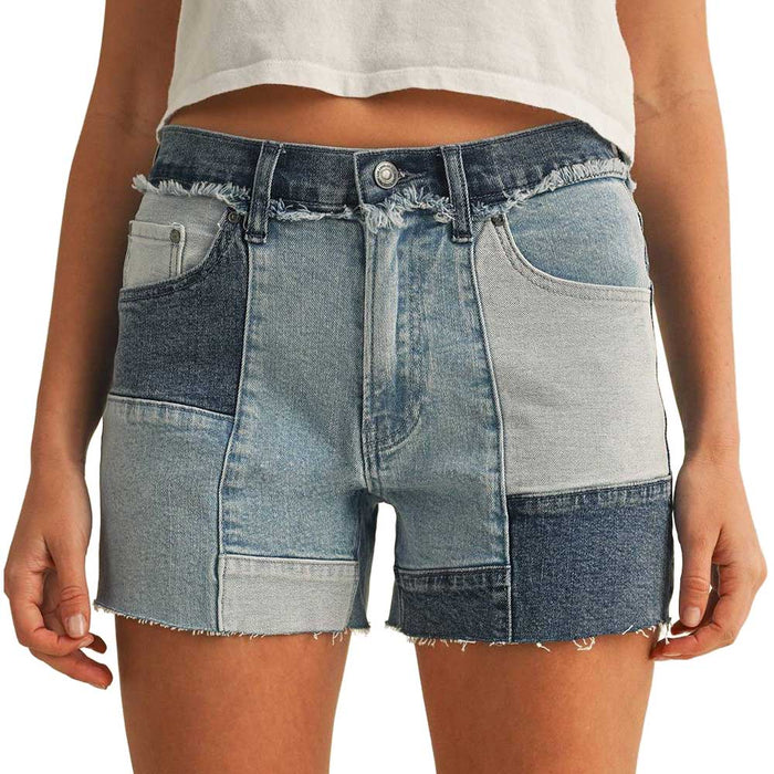 * Stretch Mid Rise Patchwork Denim Shorts - FINAL SALE