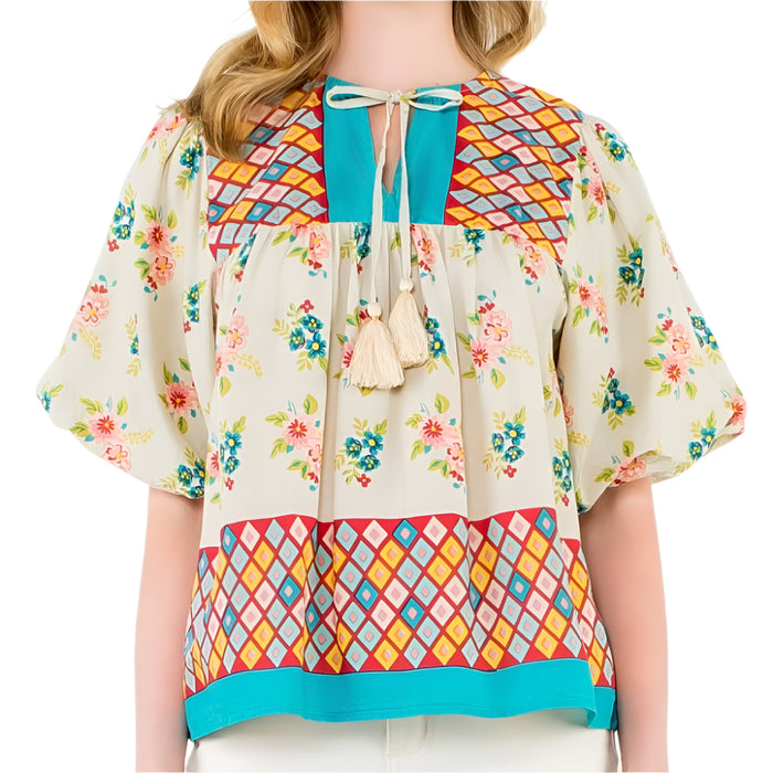 Puff Sleeve Floral Tassel Tie Top