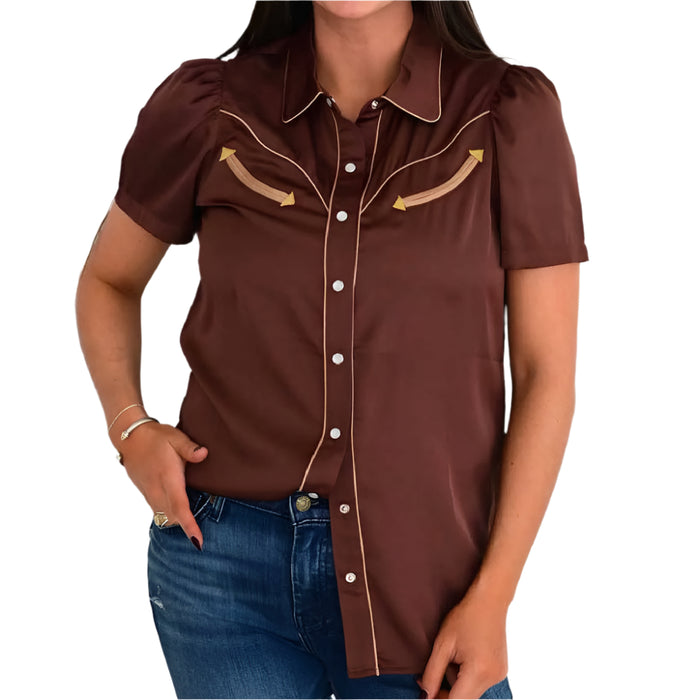 Howdy Hanny Arrow Pearl Snap Shirt - Brown WOMEN - Clothing - Tops - Short Sleeved Howdy Hanny