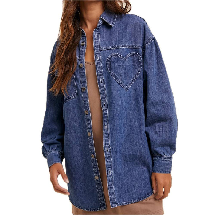 Heart Detailed Oversized Denim Shirt WOMEN - Clothing - Tops - Long Sleeved Listicle