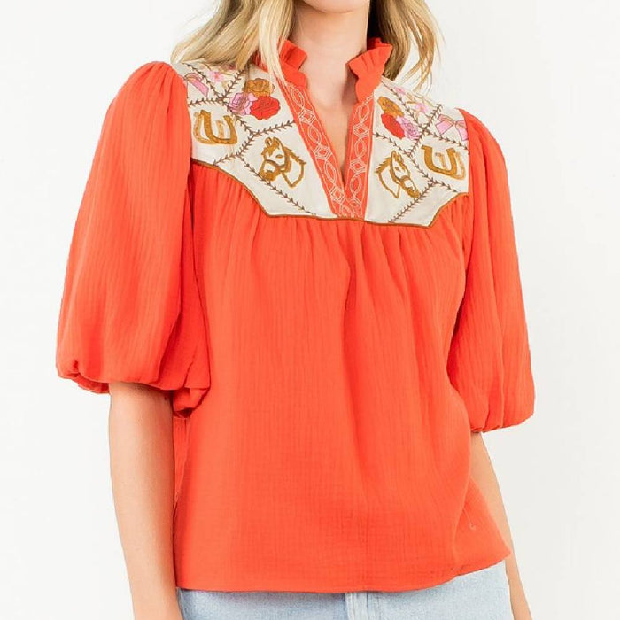 Puff Sleeve Embroidered Top - Orange WOMEN - Clothing - Tops - Short Sleeved THML Clothing