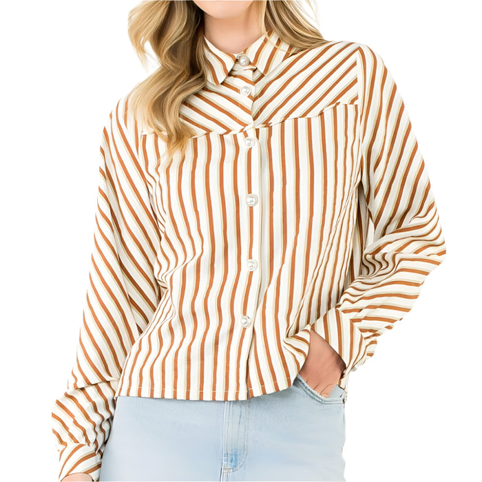 Pearl Button Stripe Top WOMEN - Clothing - Tops - Long Sleeved THML Clothing
