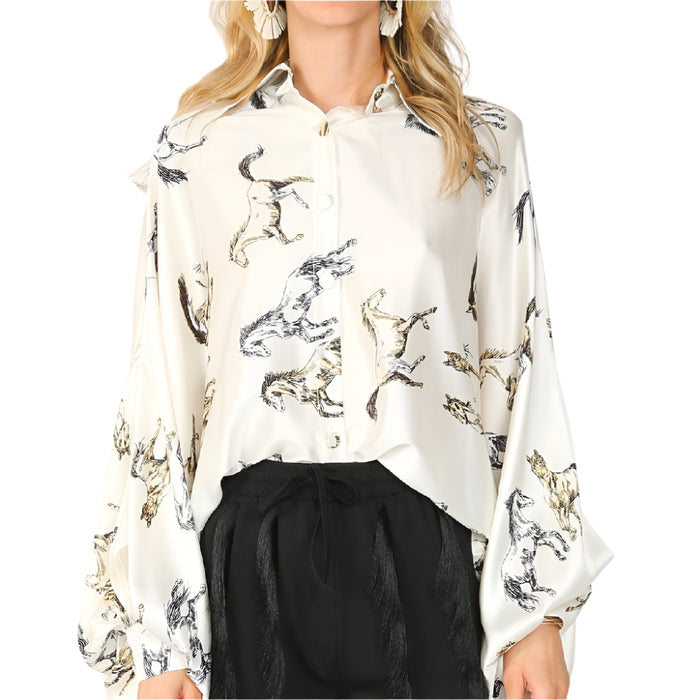 Horse Painted Satin Blouse - Ivory WOMEN - Clothing - Tops - Long Sleeved Beulah Style