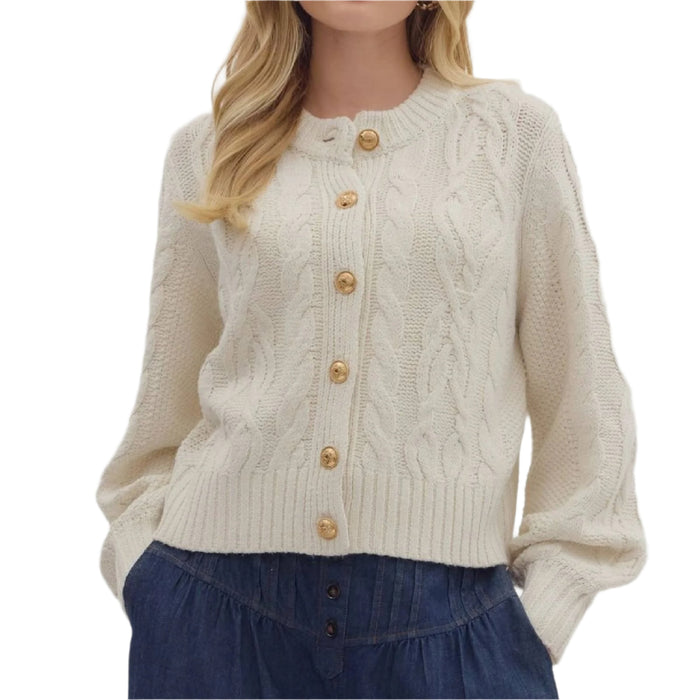 Cable Knit Gold Button Sweater WOMEN - Clothing - Sweaters & Cardigans Entro