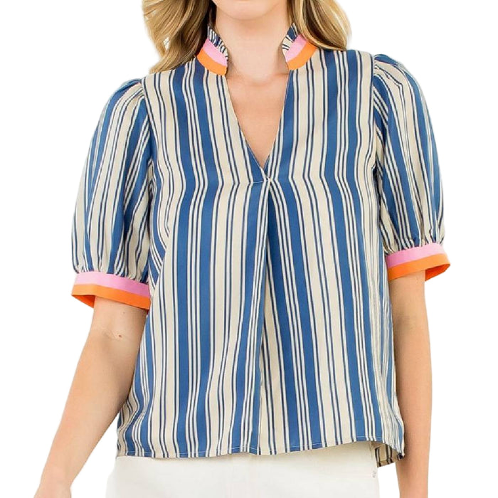 V Neck Striped Top - Blue/Cream