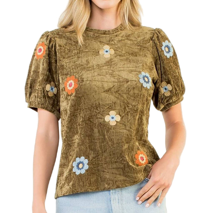 Embroidered Suede Top - Olive